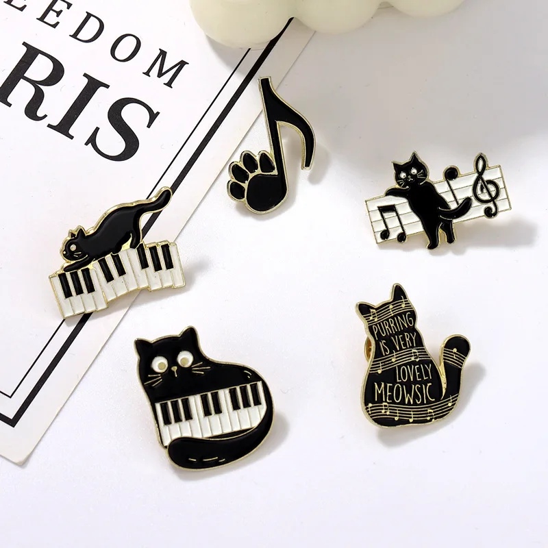 Factory Enamel Pins No Minimum Lapel Pin Corsage Music Cartoon Cute Black Cat Piano Note Alloy Custom Enamel Pin Anime