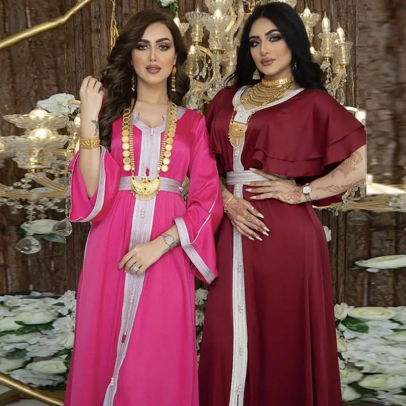 Заводской мягкий сатин Jalabiya хиджаб платье для женщин модная лента мусульманский Дубай Арабский марокканский кафтан бордовый с рюшами короткий