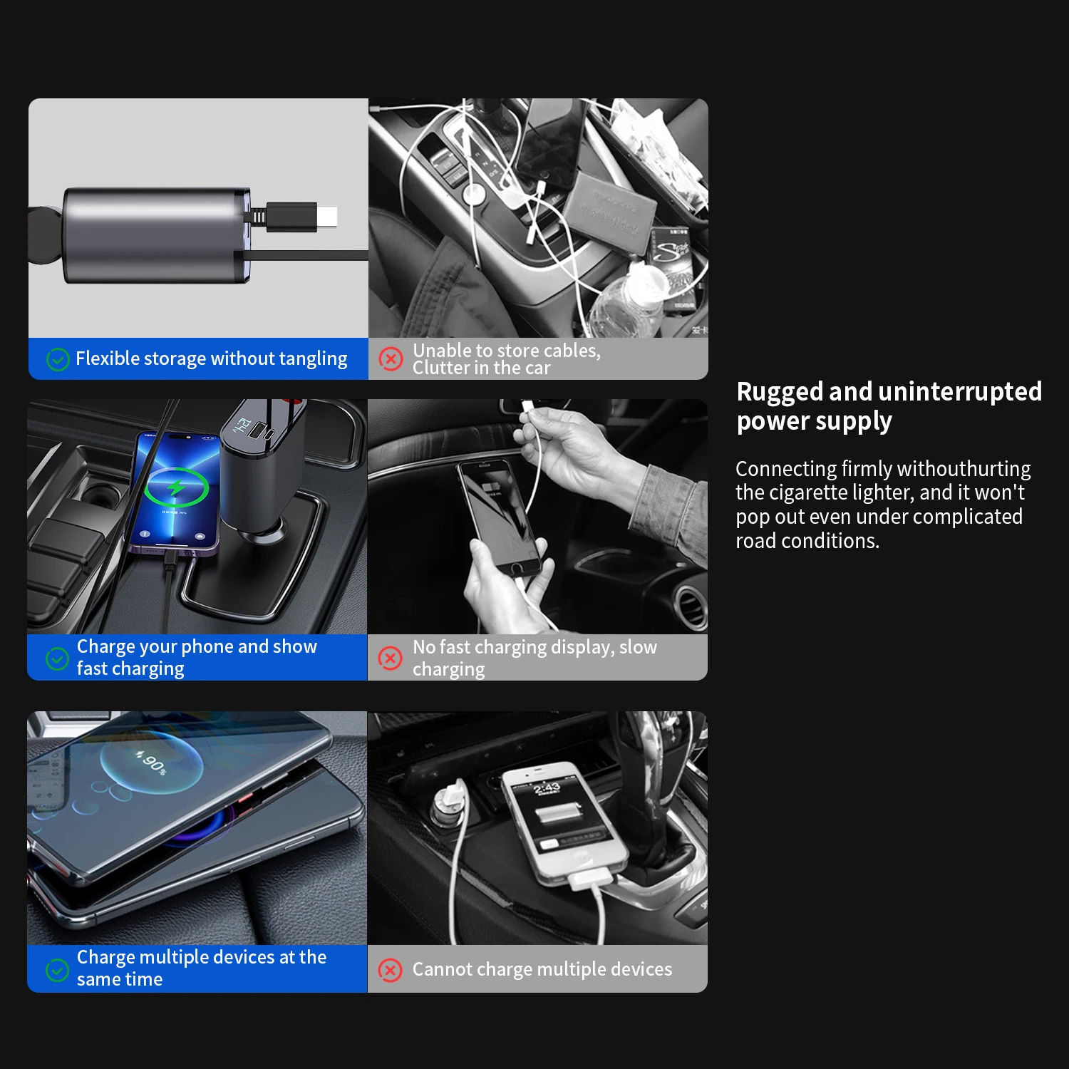 HY 2024 New 100W Fast Quick Charging Cable Storage Led Digital Display Adapter 2 Port Type C Pd Car Station Charger