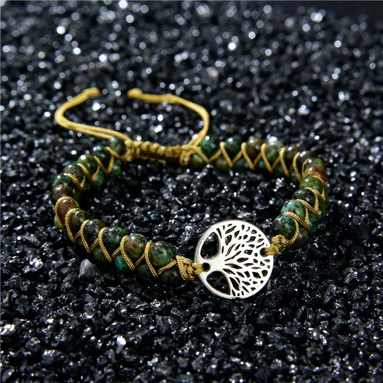 Natural 4mm stone bead braided 2 rows stone african turquoise bracelet tree of life charm adjustable bracelet