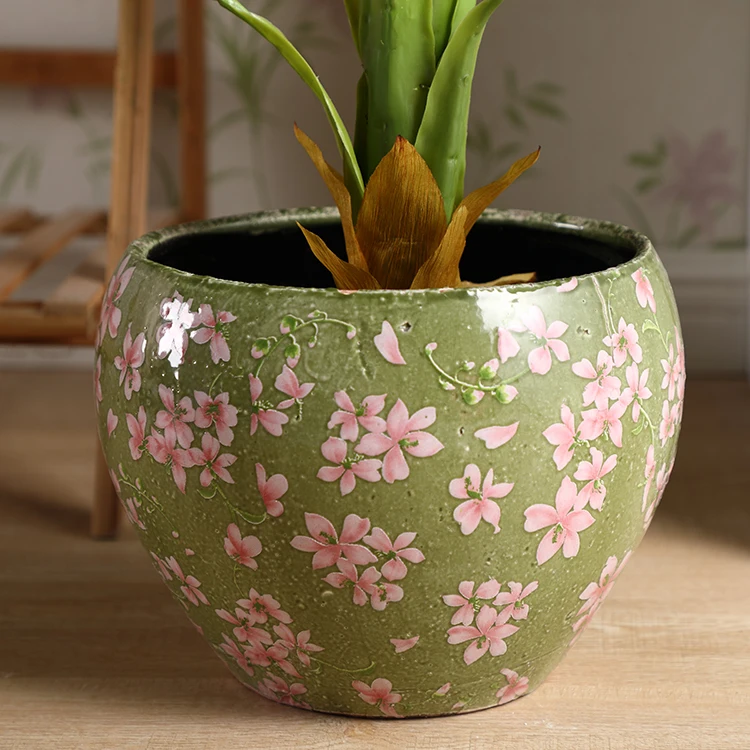 Home decoration antique green glazed succulent flower pots flower pattern porcelain plant pot