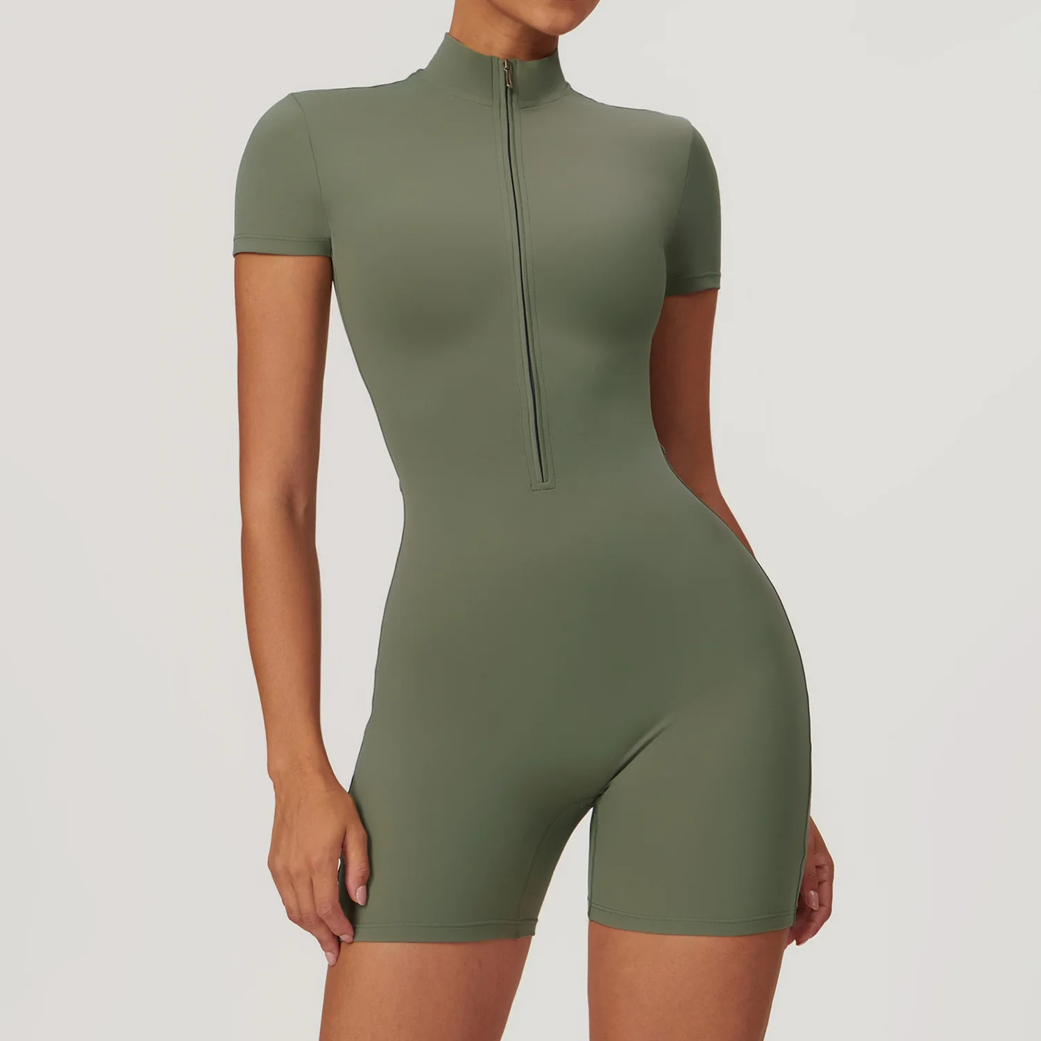 High Quality  Custom Made Women Half Zip Sports Short Jumpsuit Tummy Control Nylon Spandex Jumpsuit