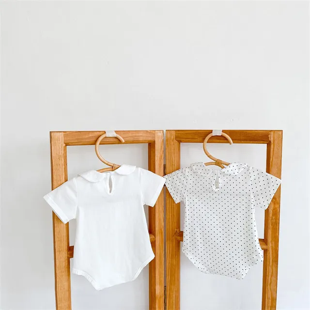 1 Pcs Custom Tag Plain Cotton Romper Summer Newborn Infant Toddler Clothes Peter Pan Collar Short Sleeve Baby Girls Bodysuit