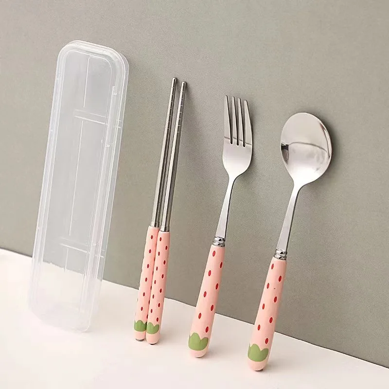 T1019  Cute strawberry stainless steel spoon fork Chopsticks storage box 4PC ceramic handle portable tableware