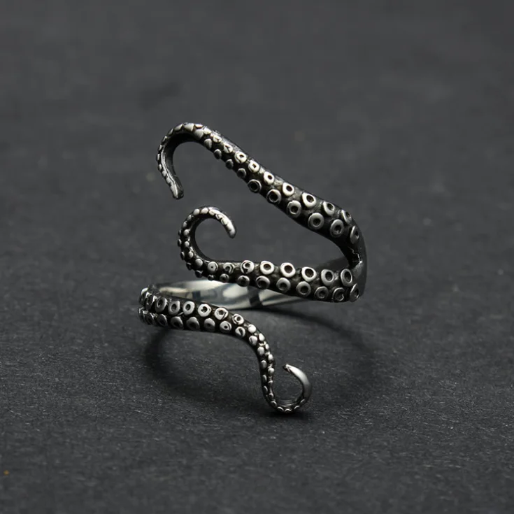 Isunni Dark Night Gothic Punk Series Vintage Oxidized S925 Sterling Silver Halloween Animal Octopus Ring