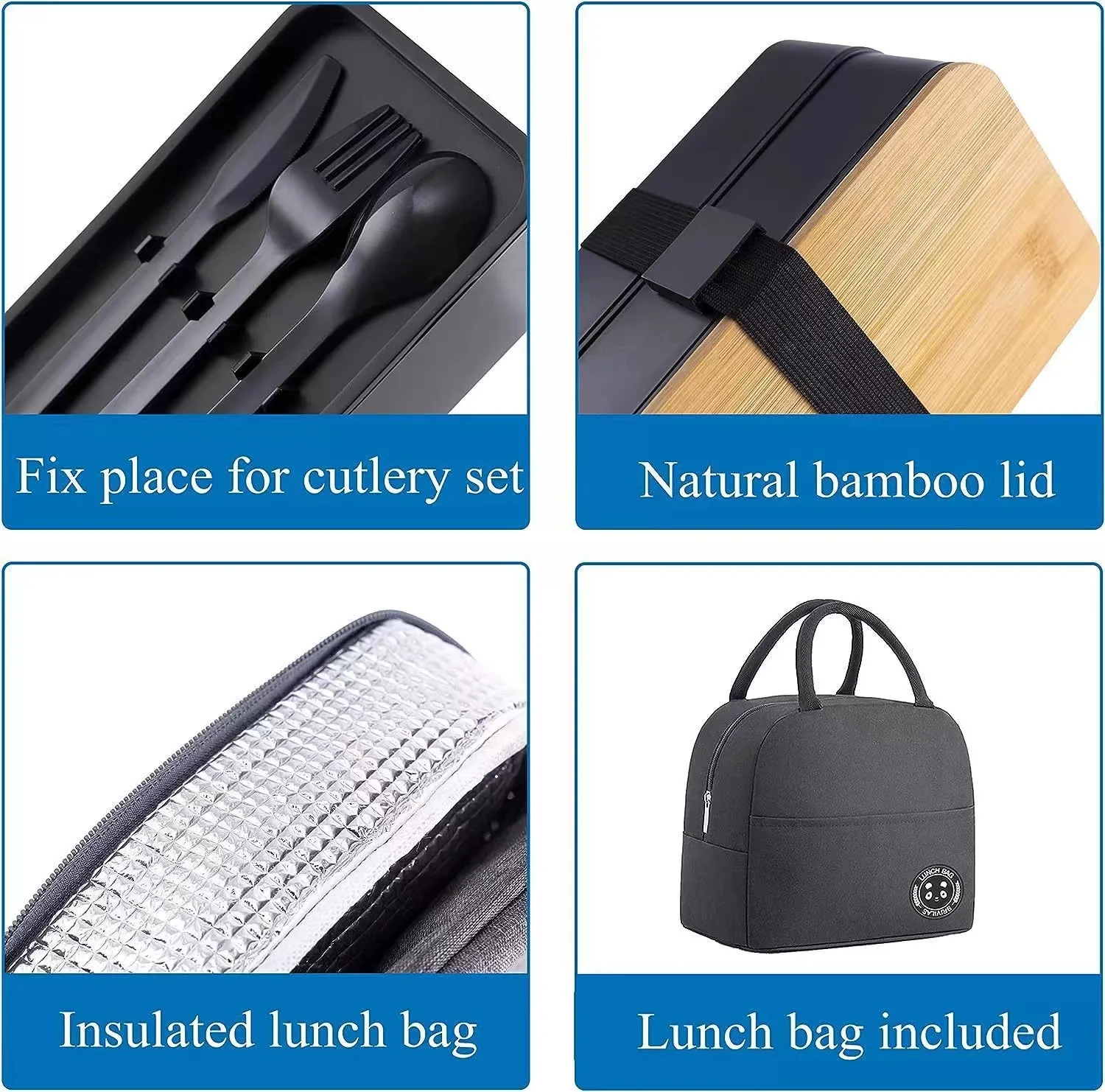 Plastic portable 2-layer stacked bento box with wooden lid and cutlery set 1200ml