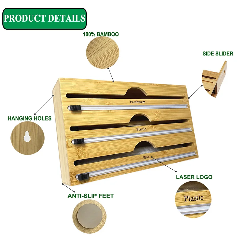 Hot Popular 3 in 1 Bamboo Plastic Wrap Dispenser with Cutter, Aluminum Foil, Wax Paper Roll Organizer for Kitchen Drawer