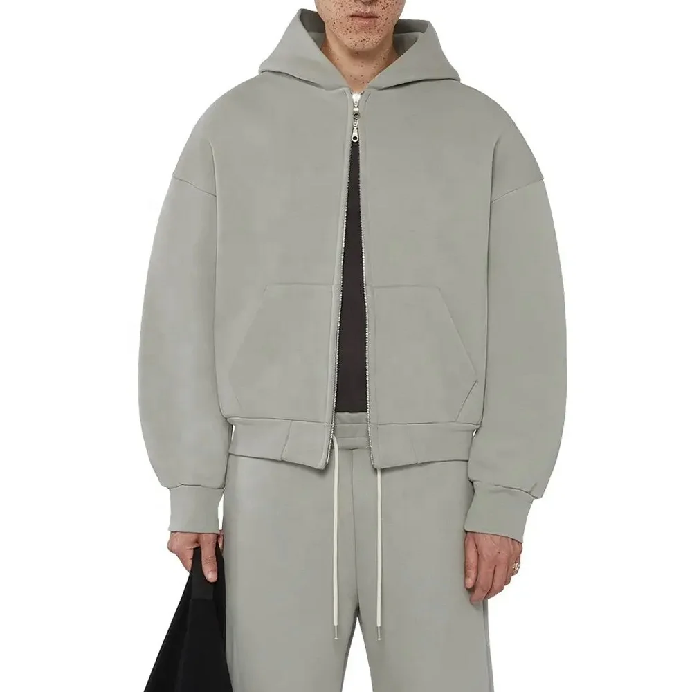 custom logo high quality essentials 100% cotton fleece zipper hoodie boxy fit heavyweight cropped full zip up hoodie