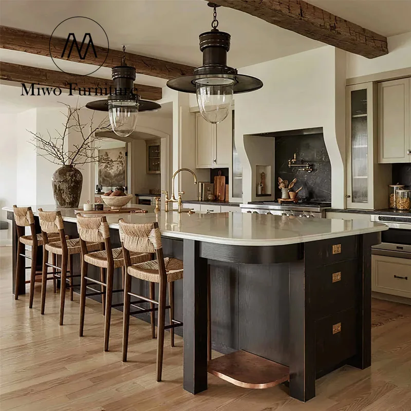 Midcentury kitchen Vintage Grass Rattan Chair Designer Weaving Rattan antique Bar Chair Household  Wooden Vine counter bar stool
