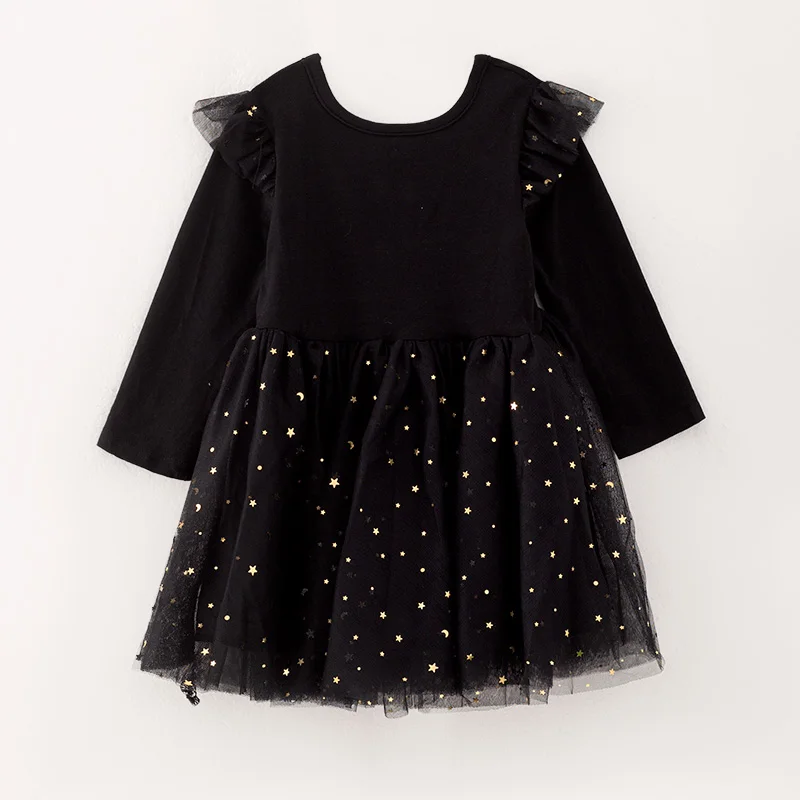 In Stock Ready to Ship Baby Kids Toddler Girls Fall Winter Black Cotton Bronzing Star Tulle Tutu Gauzy Dress