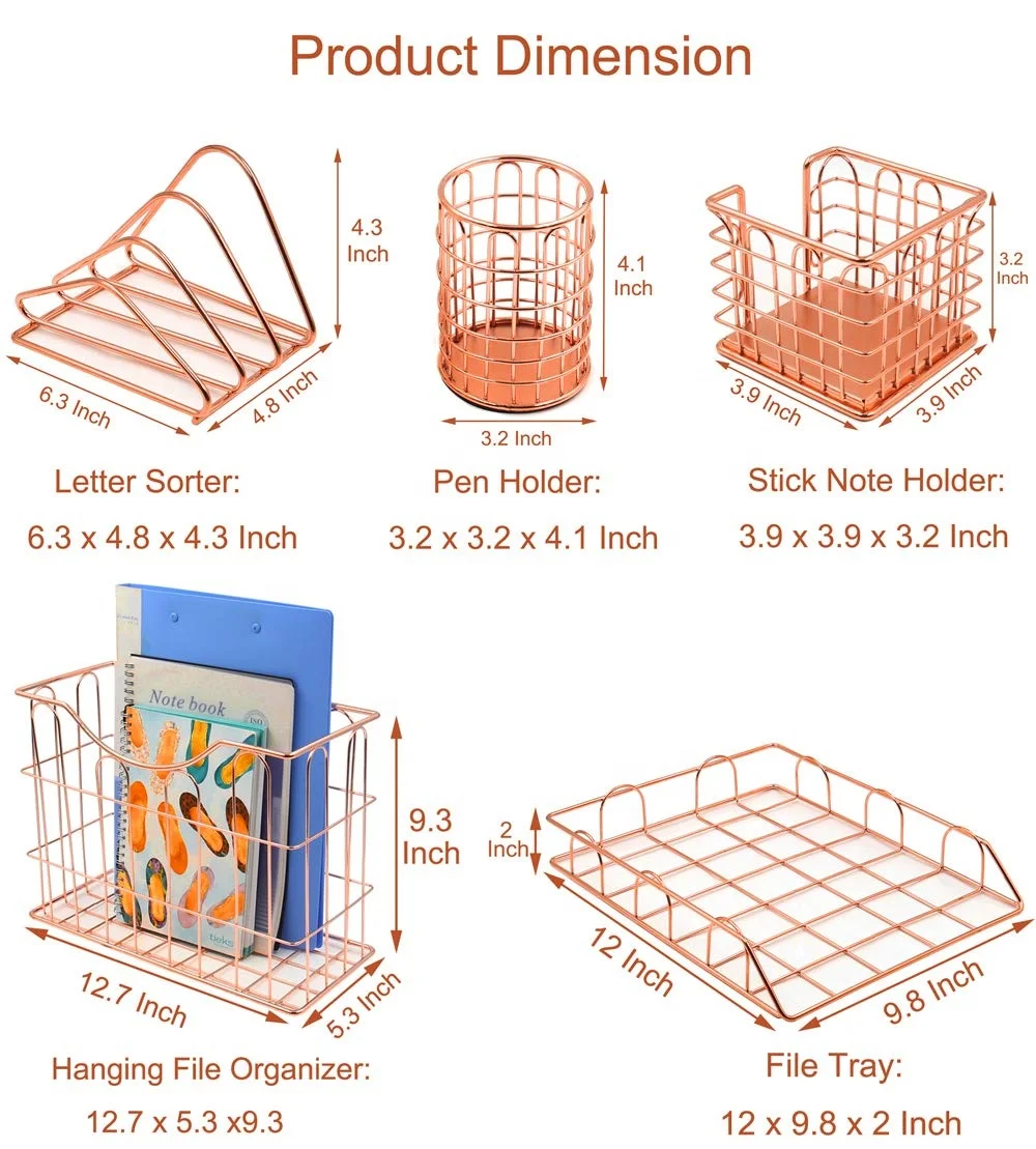 wholesaler&manufacturer 550-97GS 2019 new product desk 5 pcs gold mesh office organizer set