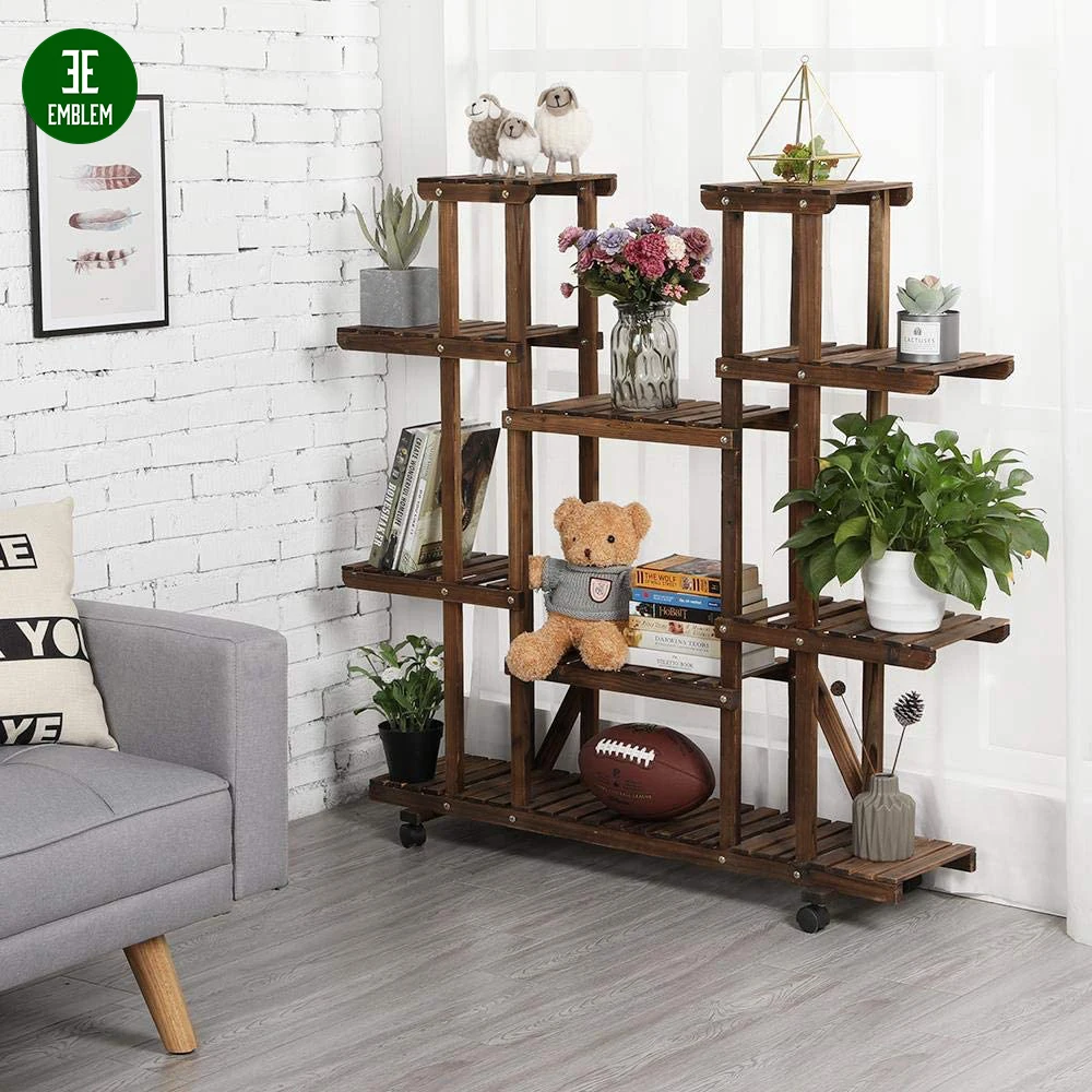 Rolling Plant Stand Shelf Indoor - 6 Tier Wood Plant Pots Shelves Tiered Flower Rack Holder Stand with Detachable Wheels