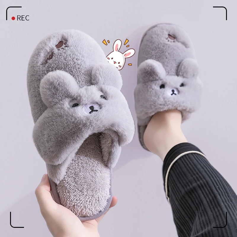 2022 trend cute rabbit warm cotton fluffy cotton home women couple slippers