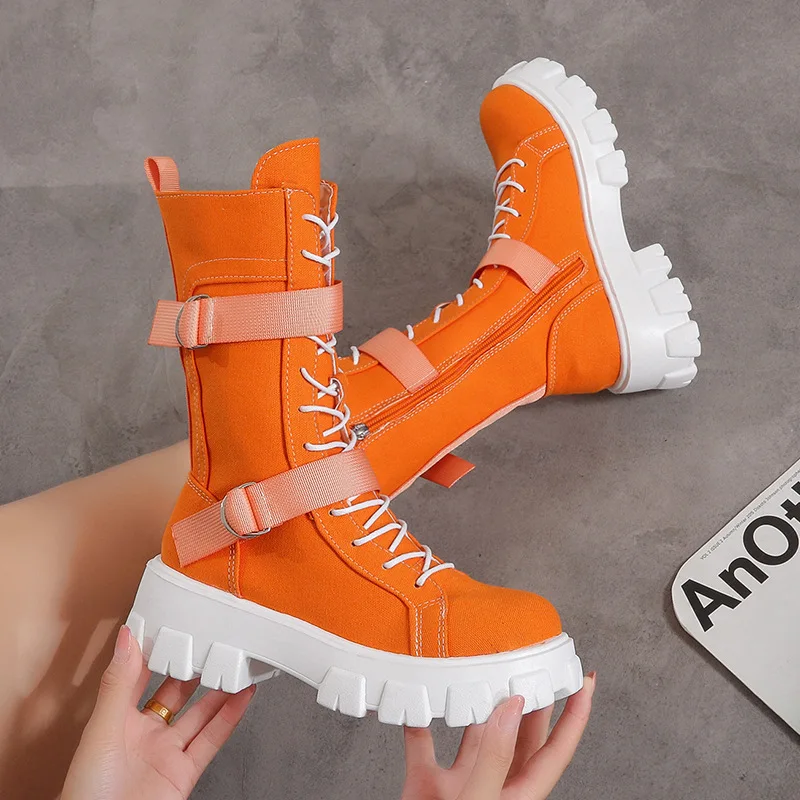 Fashion Martin boots new female thin canvas high round head thick bottom boots platform shoes