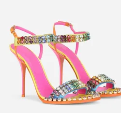 Brand diamonds heels big rainbow rhinestone strap neon pink yellow orange outsole oem sandal sexy ladies stiletto high heels