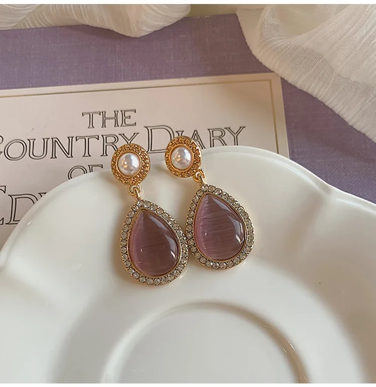 JUHU New style retro palace gentle delicate and elegant style earrings water drop purple gemstone earrings gold alloy jewelry