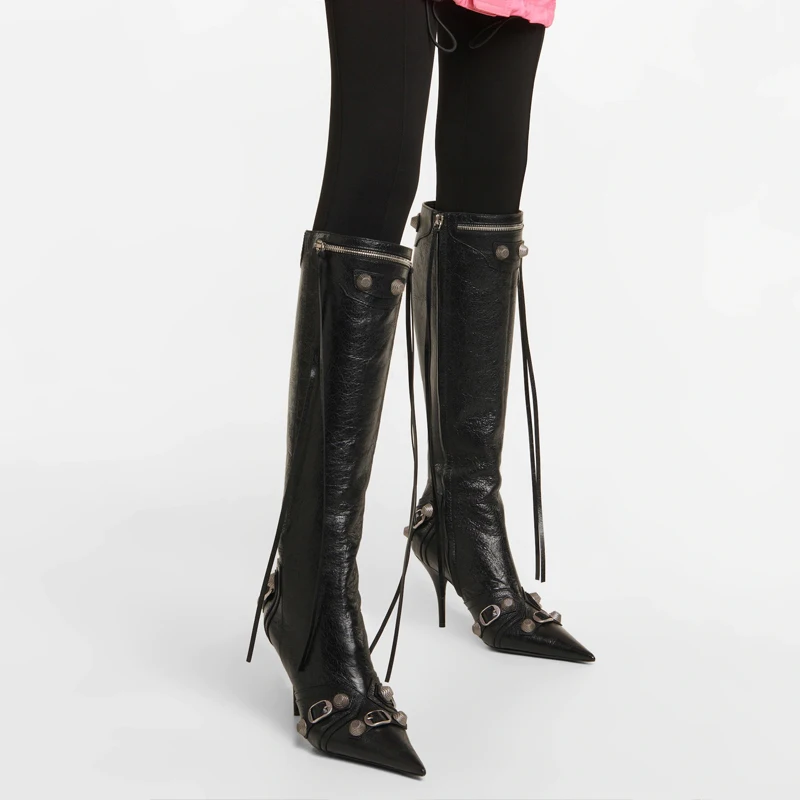Support OEM/ODM women sewing thread rivets tassel buckle leather stiletto high heels side zip knee high boot custom pointy