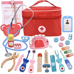 Kids Wooden Educational Pretend Toy Doctor Kit Dentist Kit Role Play Medical Toy Set for Toddler Boys and Girls