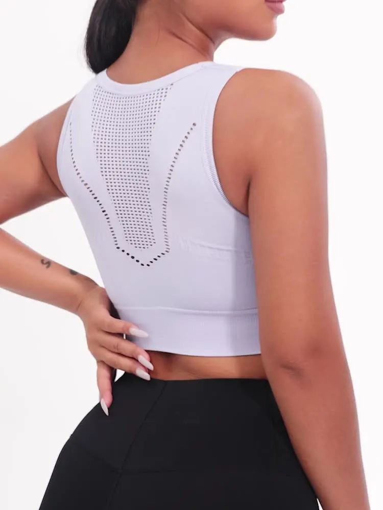 Women Solid Color Shockproof Sports Top Crew Neck Hollow Out Fitness Workout Bra Activewear