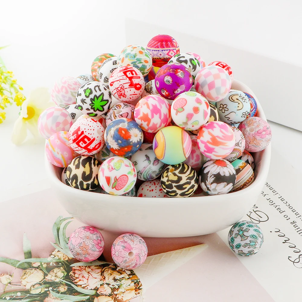 Wholesale DIY Silicone Chewable 15mm Round Printing Teething loose Beads For Pens Keychain Bracelet Making