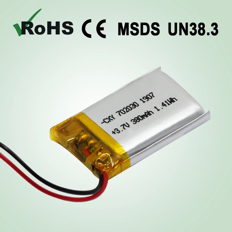 Lithium Polymer CE Certification Battery 702030P 380mAh 3.7v with protection board