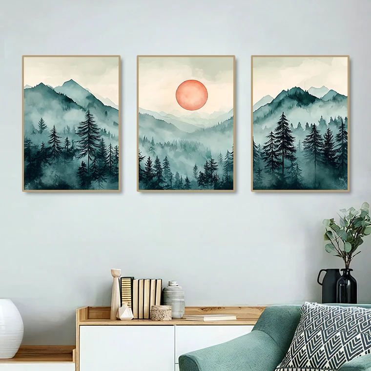 New Custom SpringVitality Green Woods Mountains Water Sun Frame Canvas Poster and Picture for Wall Art Decoration