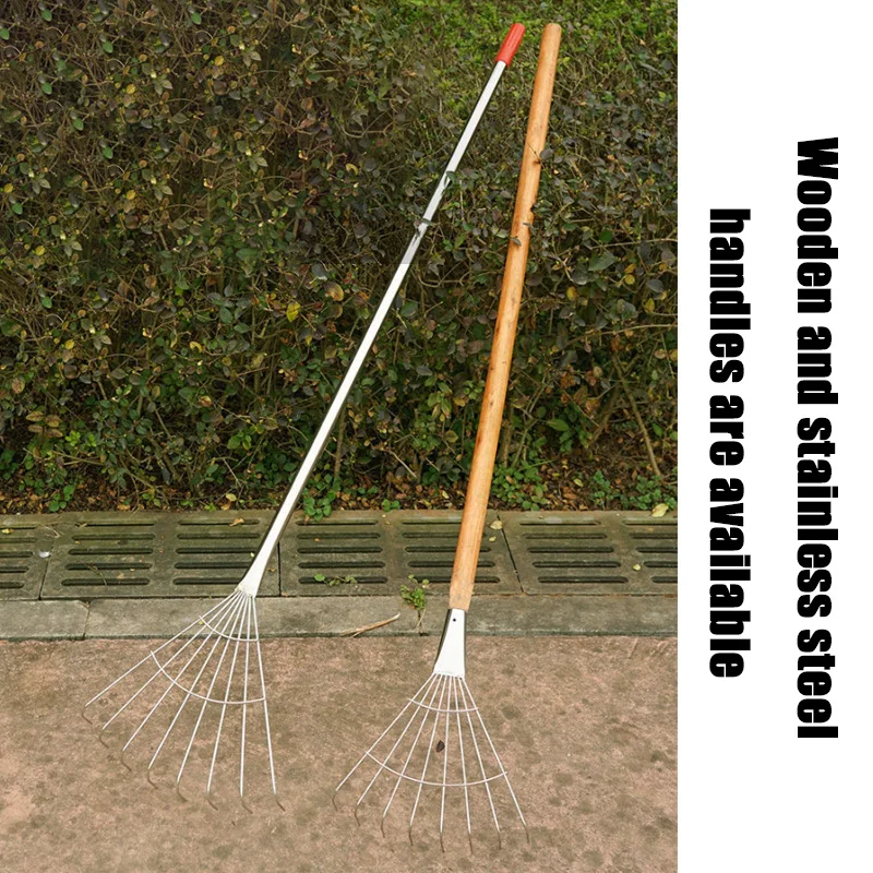 Thickened Soft-Tooth Stainless Steel Lawn Spike Rake with Wooden Handle and Stainless Steel Handle for Garden Use