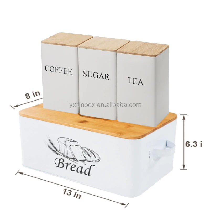 Kitchen Countertop Multifunction Food Storage Container white black Metal Bread Bin  round coffee sugar tea box with bamboo lid
