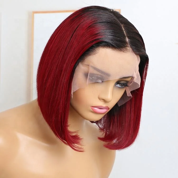 Best Reviewed 13X4 Transparent Lace #1B/99j Red Silky Straight 100% Virgin Short Cuts Human Hair Wig