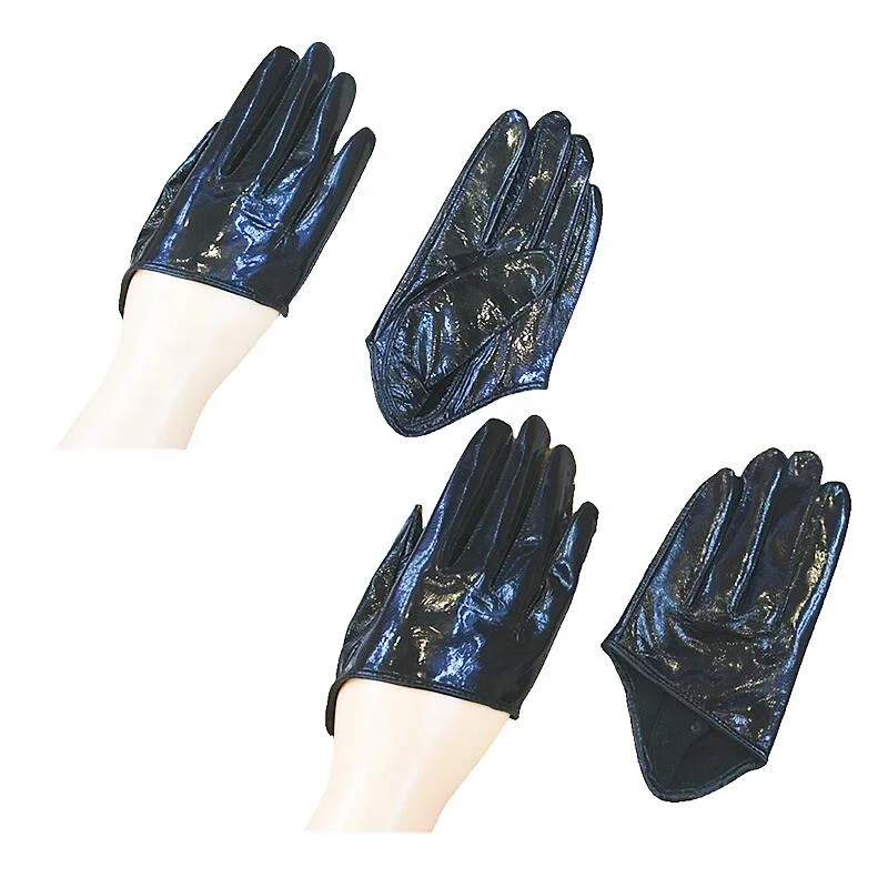 
Wholesale Women Trendy Style Black Shiny leather Gloves For 100% SheepLeather Evening party Half palm Gloves Size S M L XL 2XL 