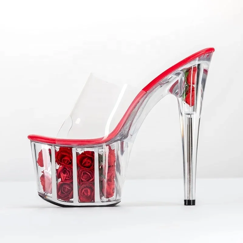 about 7 inch transparent heel slide sandals sexy Rose Crystal Love 17 cm super high heels platform high heels nightclub