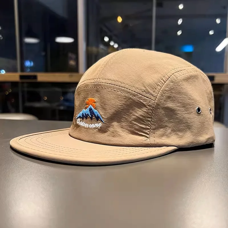 Unstructured Quick Dry Cap Nylon Lightweight Breathable 5 Panel Hat Flat Brim Embroidered Camp Cap Running Hat With Custom Logo