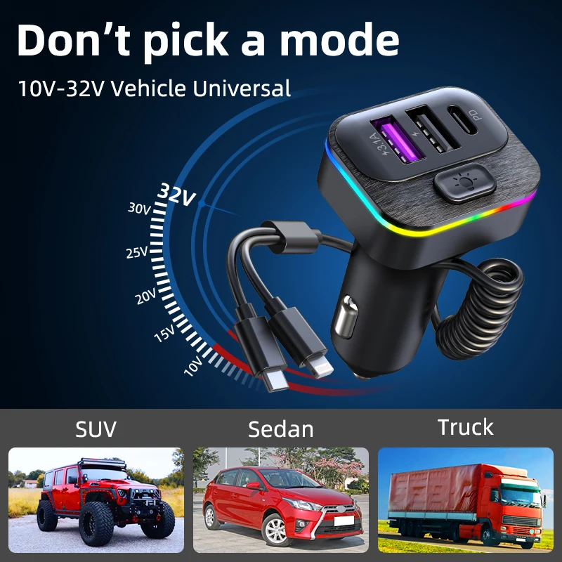 Universal Type c PD 20W Quick Car Charger 3 Port USB charge Spring Cables Fast Car USB Charger For iPhone Xiaomi Mobile Phone