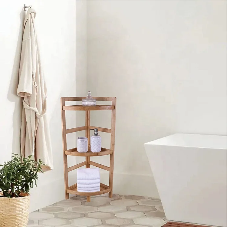 
Eco friendly wooden bathroom storage rack organizer 3 tier bamboo Corner shelf for home 