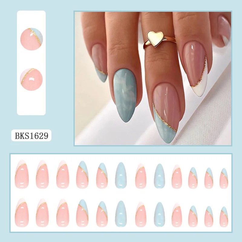 New designer almond shape matte fake artificial nails blue line pattern press on nails