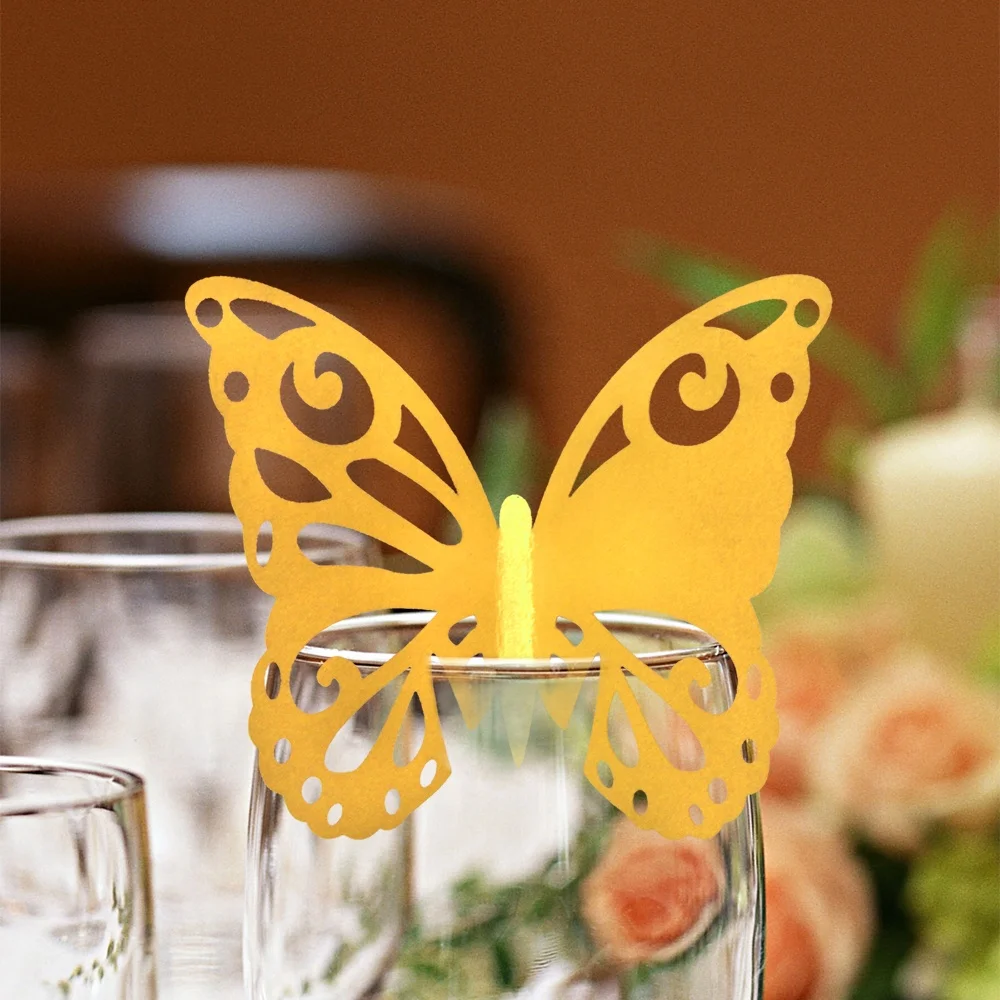Butterfly Wine Glass Cards Name Place Cards Laser Cut Wine Cup Decoration Postcards Wedding Centerpieces Table Decoration (Pink)