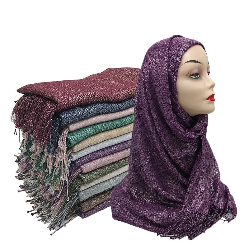 Malaysia new fashion silver silk glossy pure color with fringed ladies scarf can be capped shawl