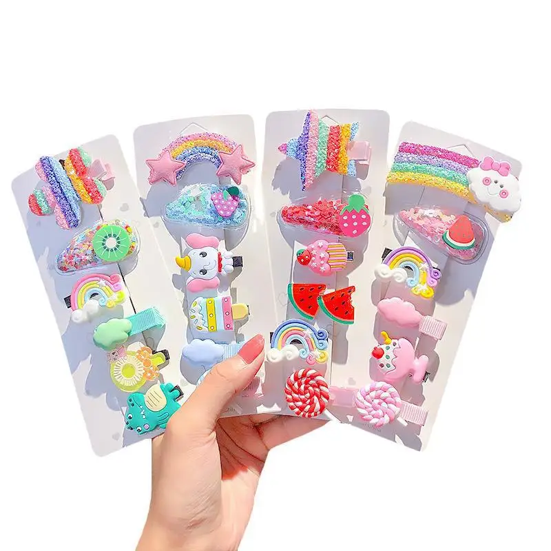 2023 Hot selling Cartoon Rainbow lollipops set 6pcs Quicksand hairpin fruit cute hair clips for girls