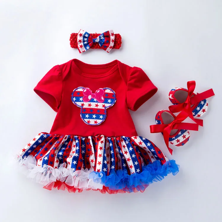 
New Independence Day Short Sleeve baby Romper Skirt Jumpsuit Shoes Three Piece Girls Clothes Dress Sui 