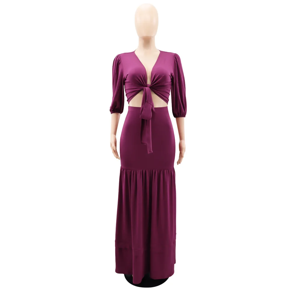 New Arrivals Sexy V-Neck Crop Top And High Waist Ruffles Skirt Two Piece Set Ladies Half-sleeved Blouse Maxi Skirt Matching Sets