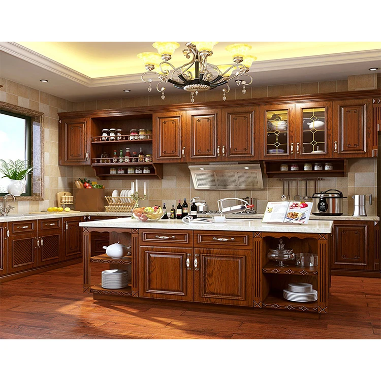 Foshan furniture manufacturers european style cabinets set pre assembled mahogany wooden kitchen cabinet with appliances