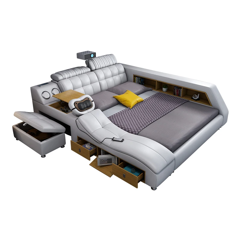 Hot Customize intelligent modern Tatami storage massage king size smart bed with projector