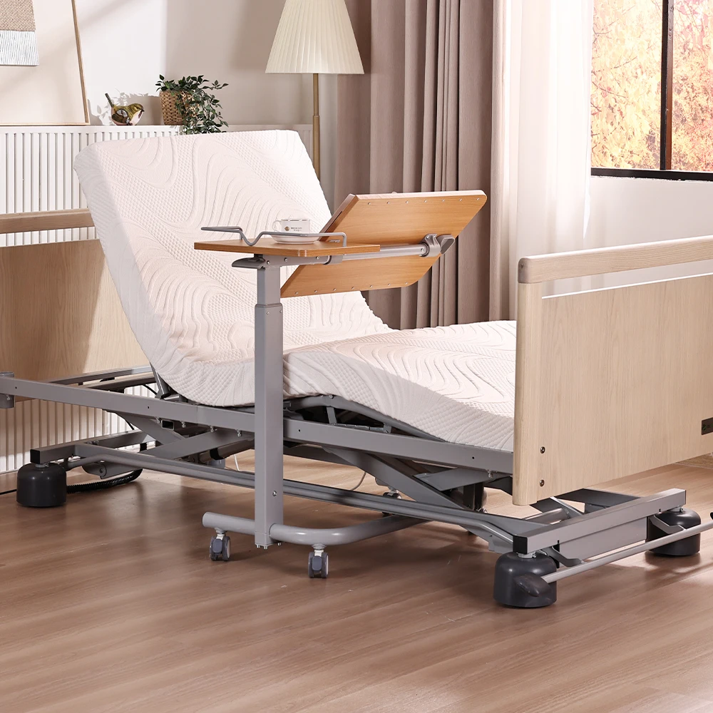 Tecforcare adjustable overbed table with wheels Pneumatic rod medical overbed bedside table wooden over the bed table