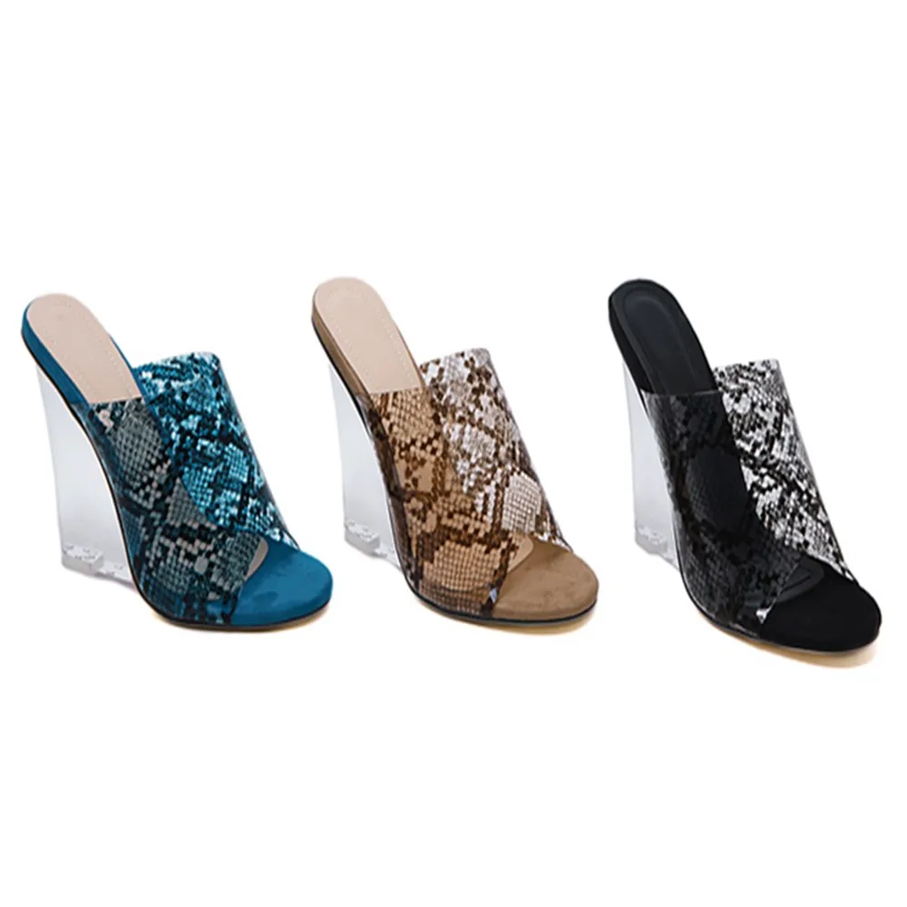 
DEleventh shoes women New see-through Serpentine Crystal Wedges Super High Heel Mueller Shoes 3 colors black blue brown 