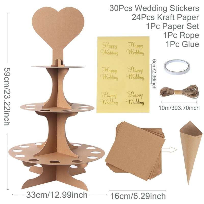 2023 Three-layer Vintage Kraft Paper Wedding Confetti Holder Stand Box Tray With 30 Holes Dried Flower Petals Confetti Tray Set