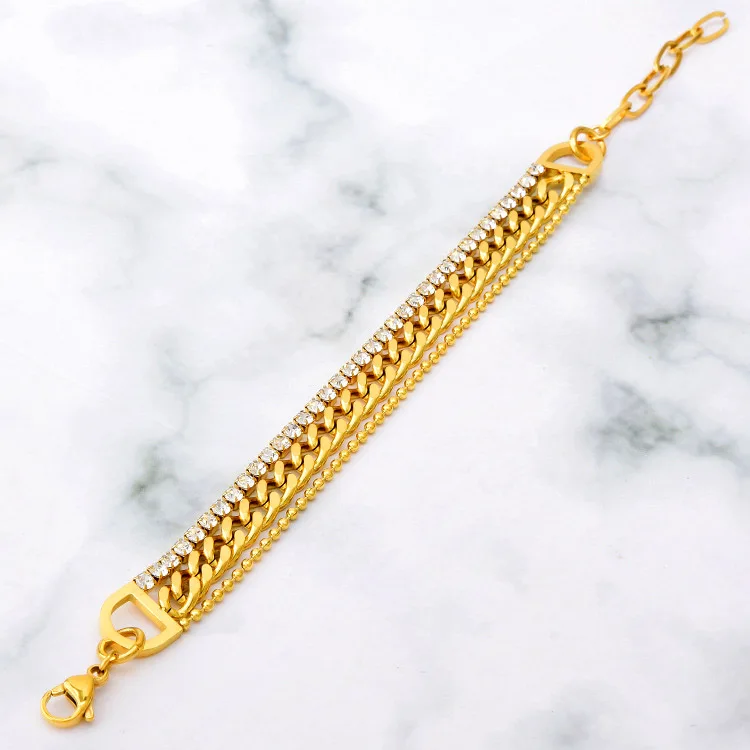 AFXSION Amazon hot Dubai gold jewelry, three-layer Cuban chain beaded chain and diamond bracelet stainless steel bracelet