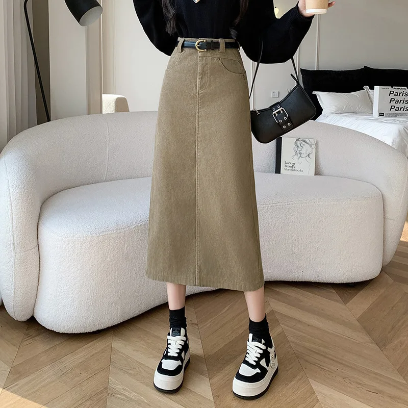 High Waisted Corduroy Skirt for Women Mid-Length with Slim Temperament Retro Hepburn Style for Autumn and Winter