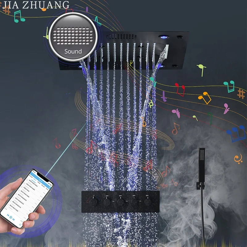 Потолочный умный светодиодный светильник для ванной комнаты, музыкальный накладной Радужный водопад, набор термостатического смесителя для душа