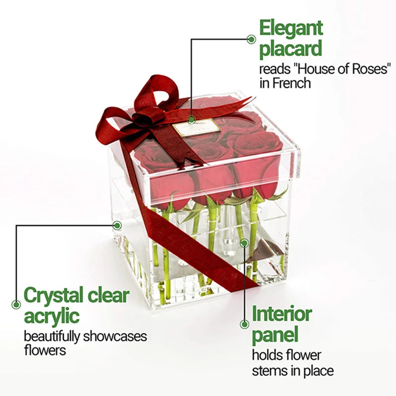 Custom Square Clear Packaging Cover Display Wedding Preserved Rose Storage Bouquet Acrylic Flower Box Eternal Immortal Rose BOX