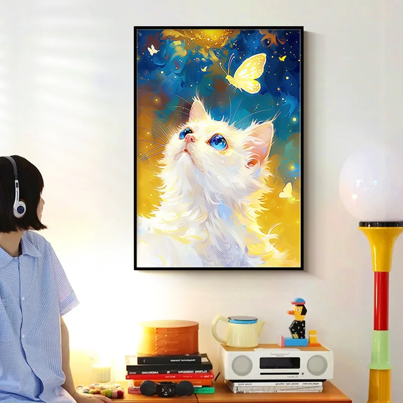 100% Hand-painted oil painting abstract pink and white cat large painting for living room decorative painting